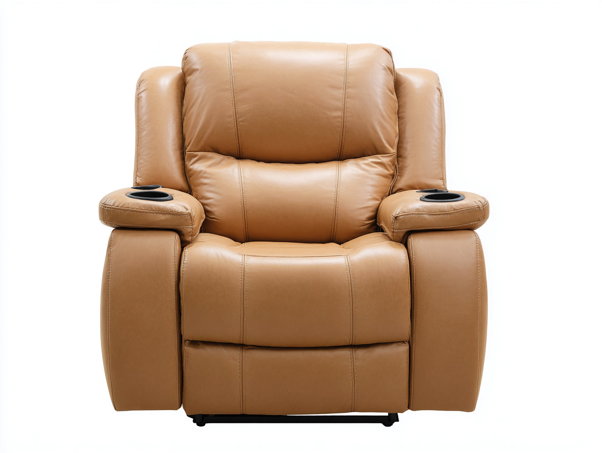 Fauteuil relax en similicuir 100x94x105 cm - caramel - style moderne pour salon avec porte-gobelets