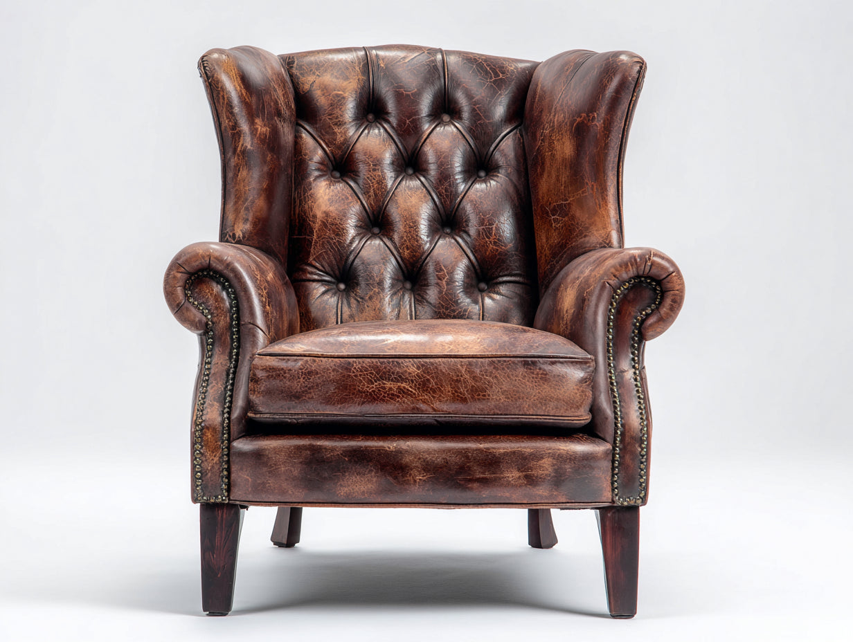Fauteuil à oreilles-Cuir-Bois-90x92x114 cm-Marron cognac-Chesterfield