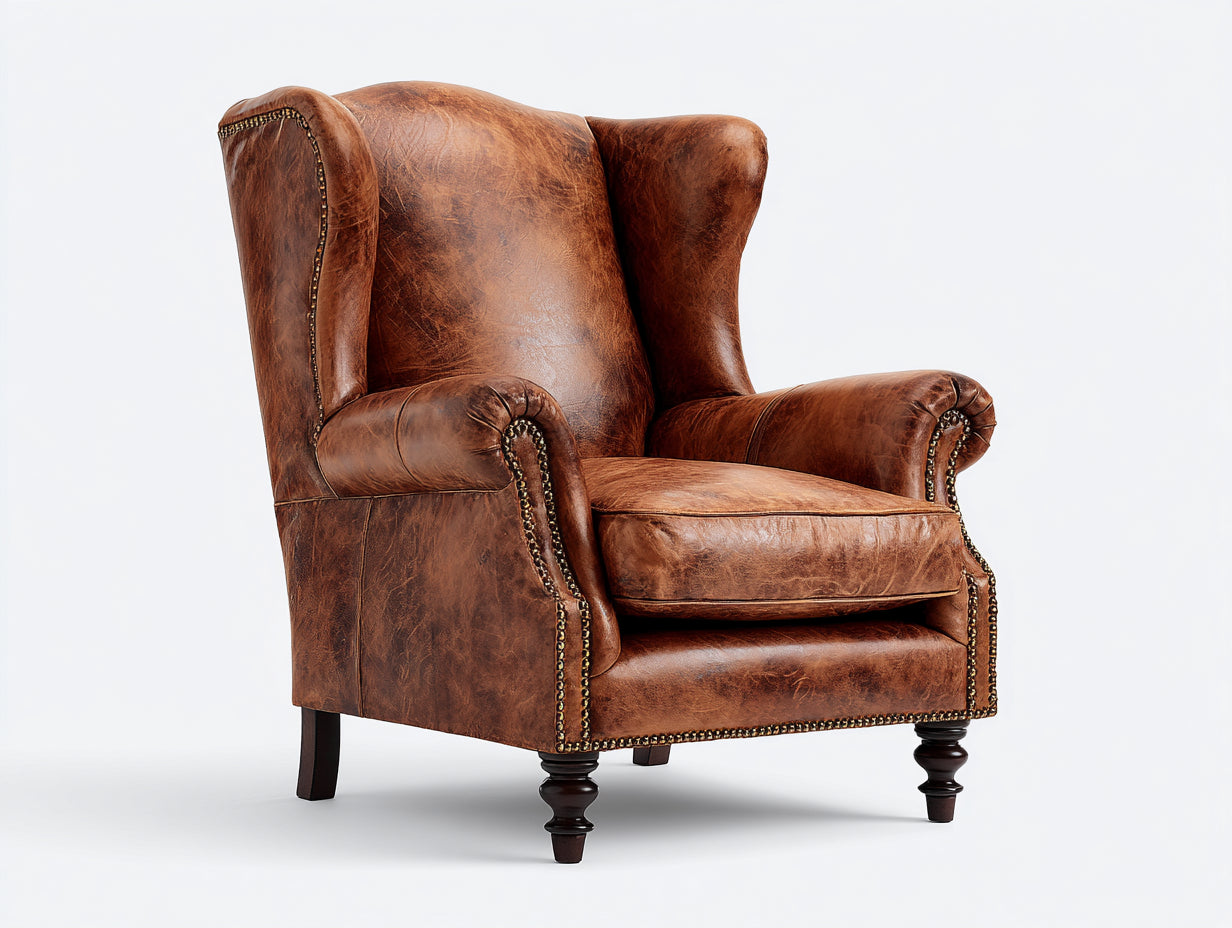 Fauteuil à oreilles-Cuir-Bois-89x91x113 cm-Marron caramel-Rétro