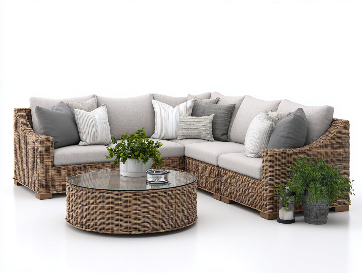 Canapé de jardin - Résine tressée - Tissu - Verre - 248x248x78 cm - Naturel-Beige-Transparent - Naturel contemporain