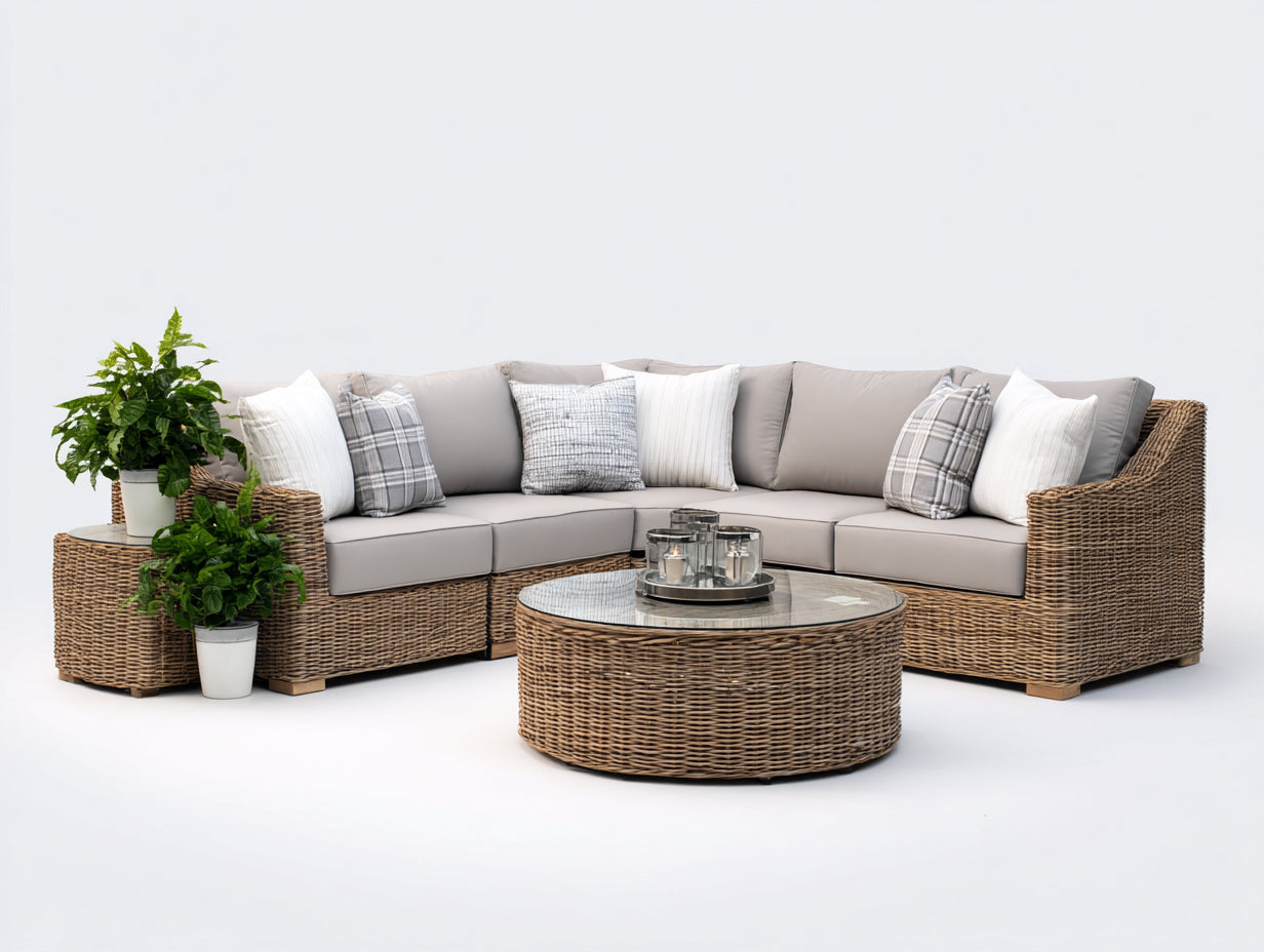 Canapé de jardin - Résine tressée - Tissu - Verre - 245x245x78 cm - Naturel-Grège-Transparent - Naturel contemporain