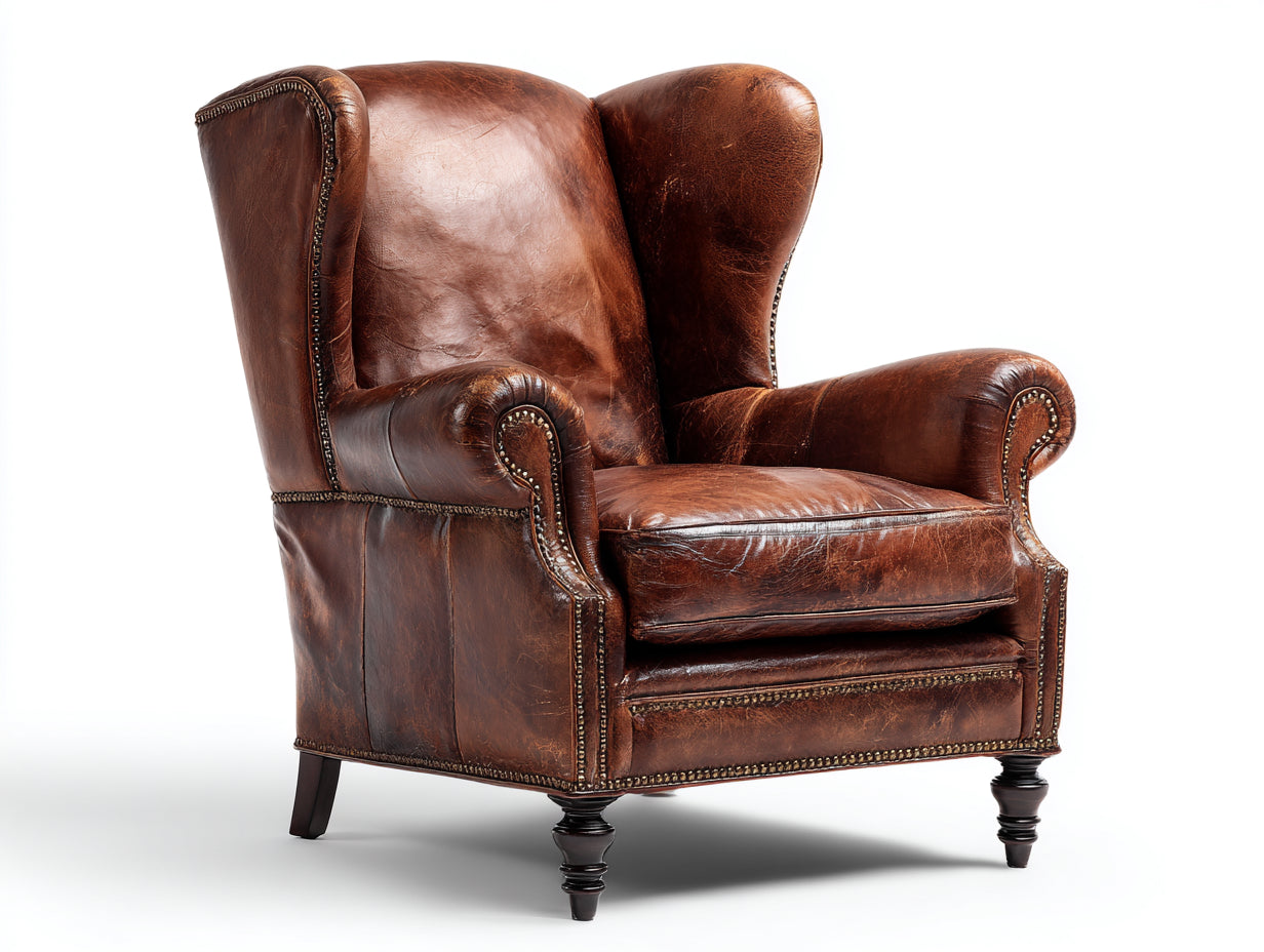 Fauteuil à oreilles-Cuir-Bois-90x93x115 cm-Marron foncé-Vintage