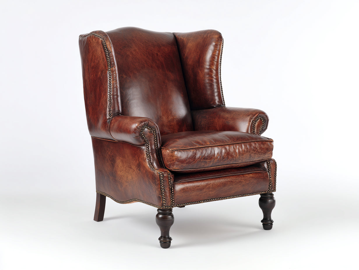 Fauteuil à oreilles-Cuir-Bois-91x93x116 cm-Marron cognac-Classique