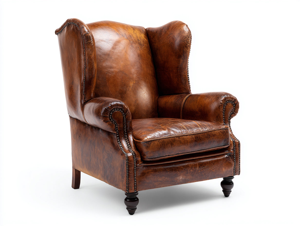 Fauteuil à oreilles-Cuir-Bois-89x91x113 cm-Marron cognac-Vintage