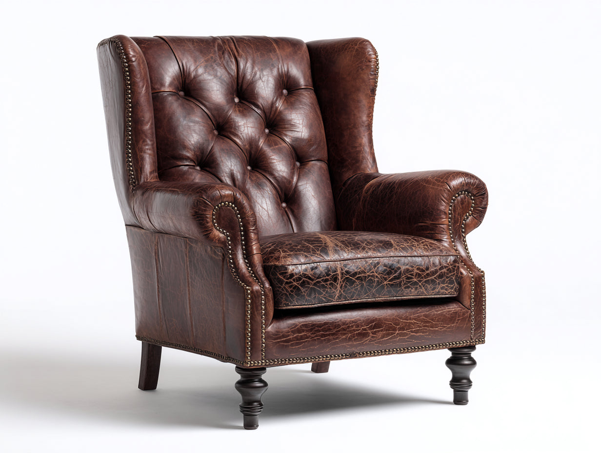 Fauteuil à oreilles-Cuir-Bois-90x91x112 cm-Marron acajou-Classique