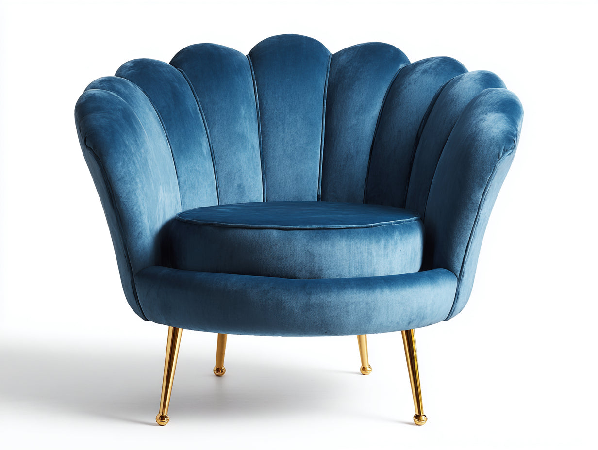 Fauteuil - velours-métal - 112x80x85 cm - bleu paon-doré - coquillage art déco