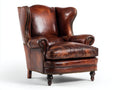 Fauteuil à oreilles-Cuir-Bois-90x92x114 cm-Marron acajou-Classique