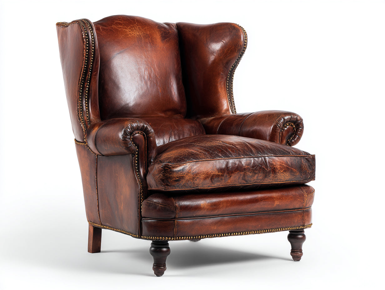 Fauteuil à oreilles-Cuir-Bois-90x92x114 cm-Marron acajou-Classique