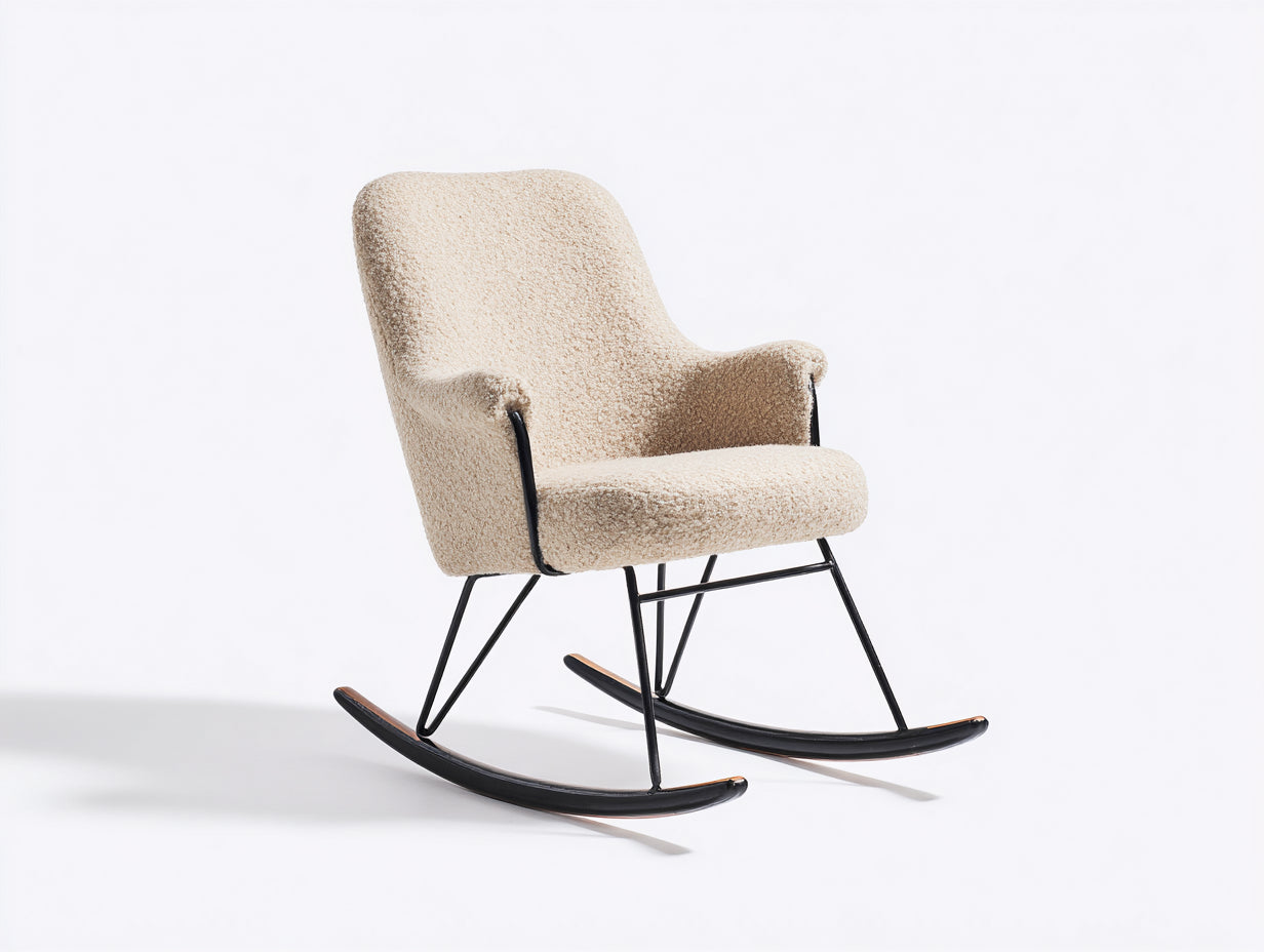 Fauteuil à bascule - Tissu bouclé-Métal-Bois - 73x87x94 cm - Beige - Scandinave