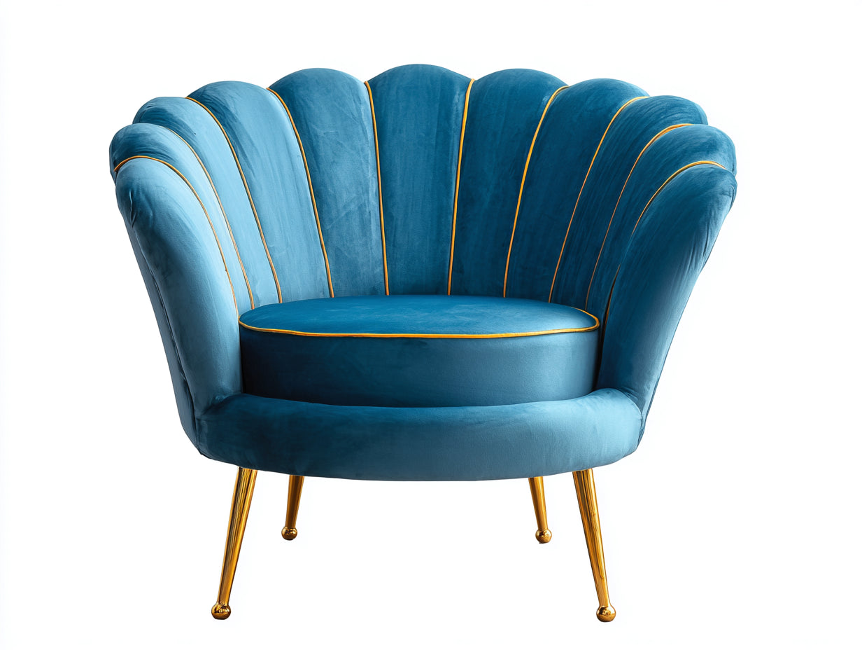 Fauteuil - velours-métal - 116x81x86 cm - bleu canard-doré - coquillage glamour