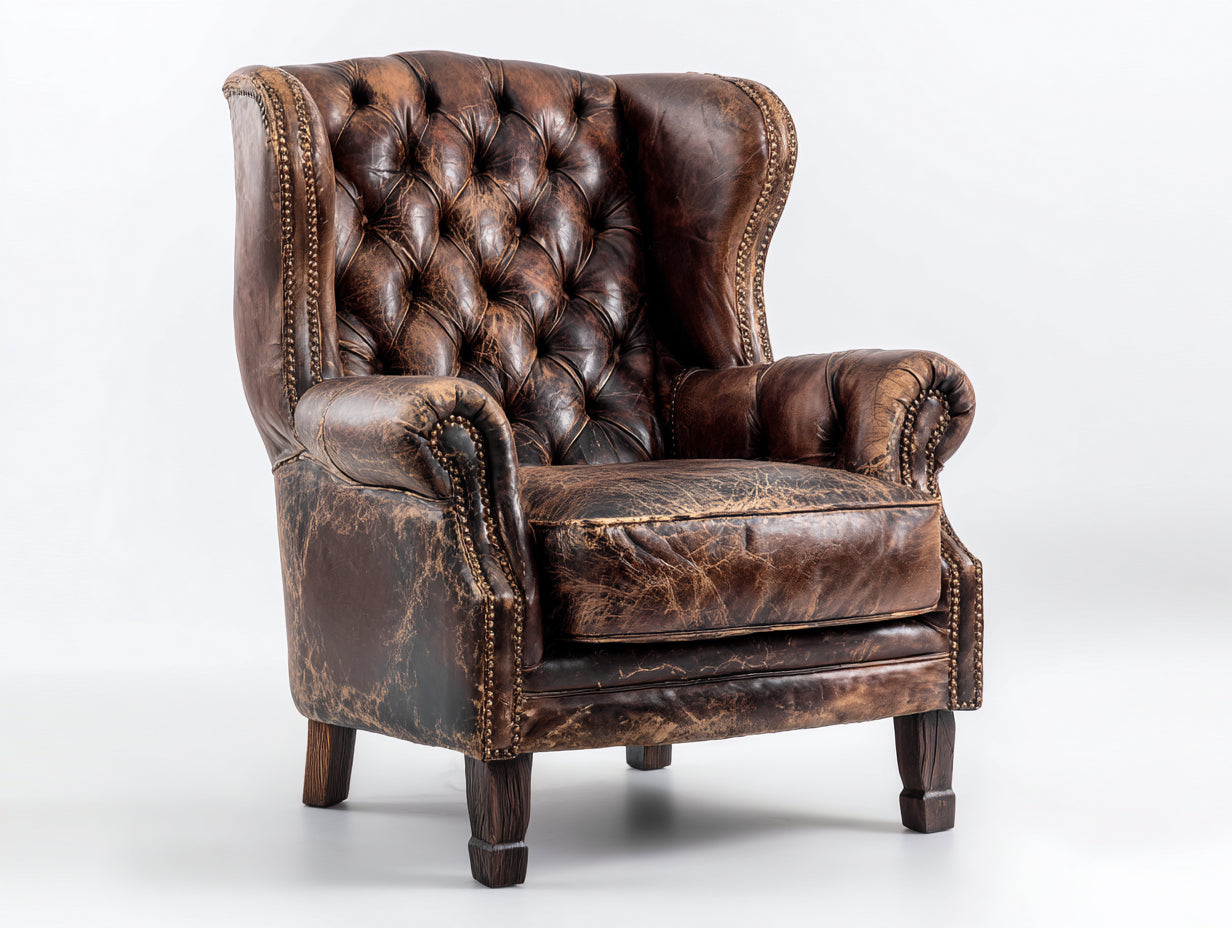 Fauteuil à oreilles-Cuir-Bois-87x90x112 cm-Marron espresso-Vintage