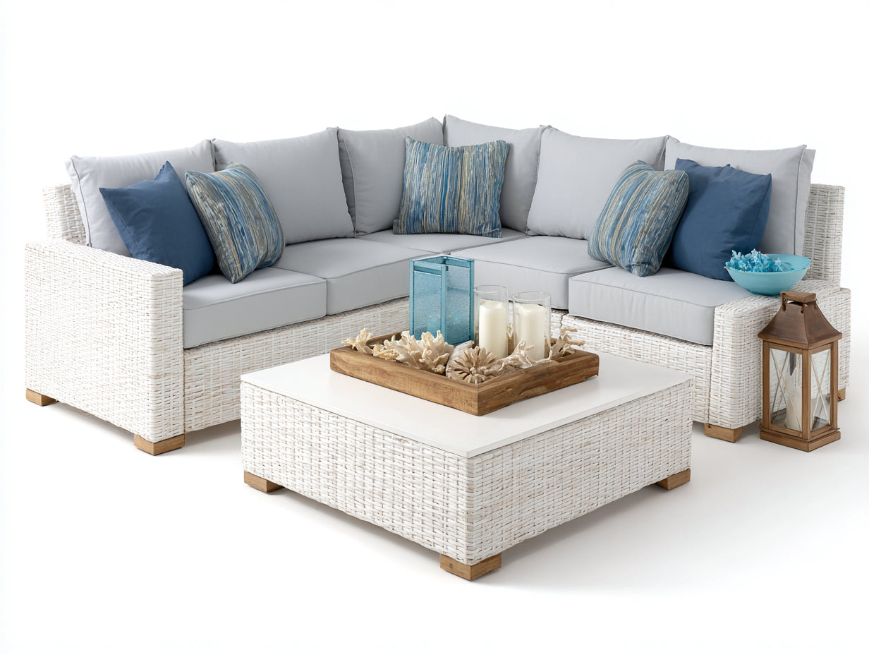 Canapé de jardin - Résine tressée - Tissu - Bois - 248x248x77 cm - Blanc-Gris clair-Bois naturel - Bord de mer contemporain