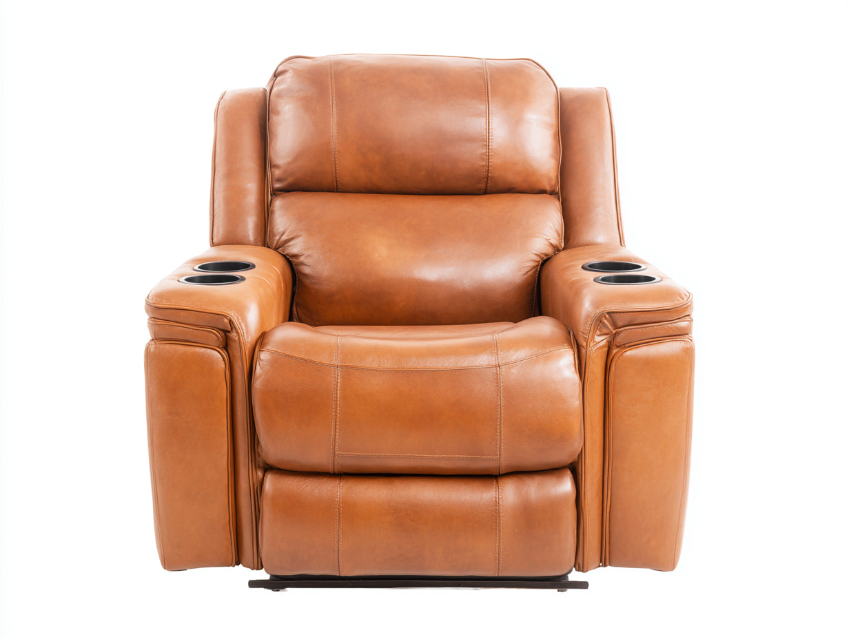 Fauteuil relax en similicuir 101x96x106 cm - cognac - style moderne pour salon avec porte-gobelets