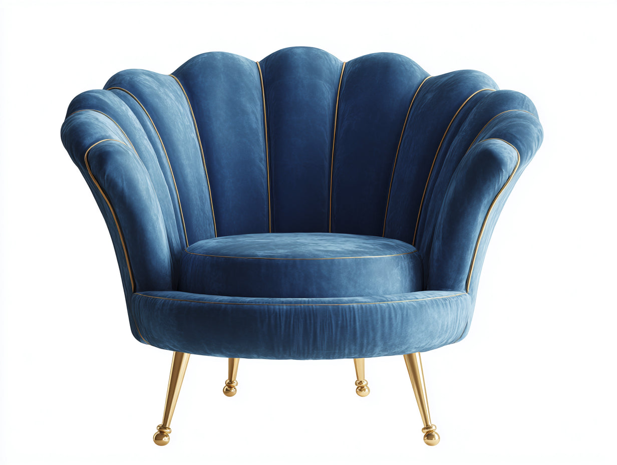 Fauteuil - velours-métal - 120x83x87 cm - bleu canard-doré - coquillage glamour