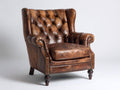 Fauteuil à oreilles-Cuir-Bois-88x91x113 cm-Marron caramel-Classique