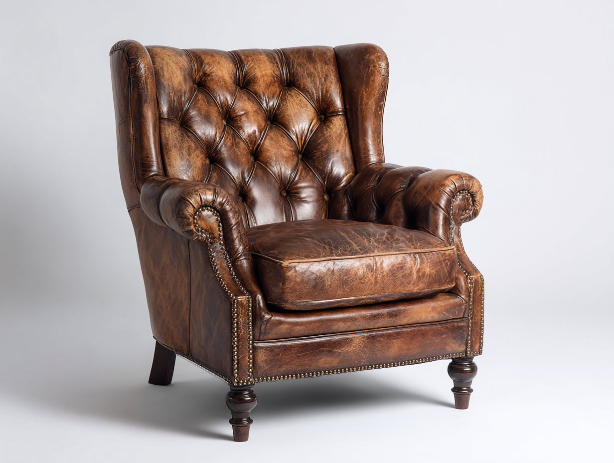 Fauteuil à oreilles-Cuir-Bois-88x91x113 cm-Marron caramel-Classique