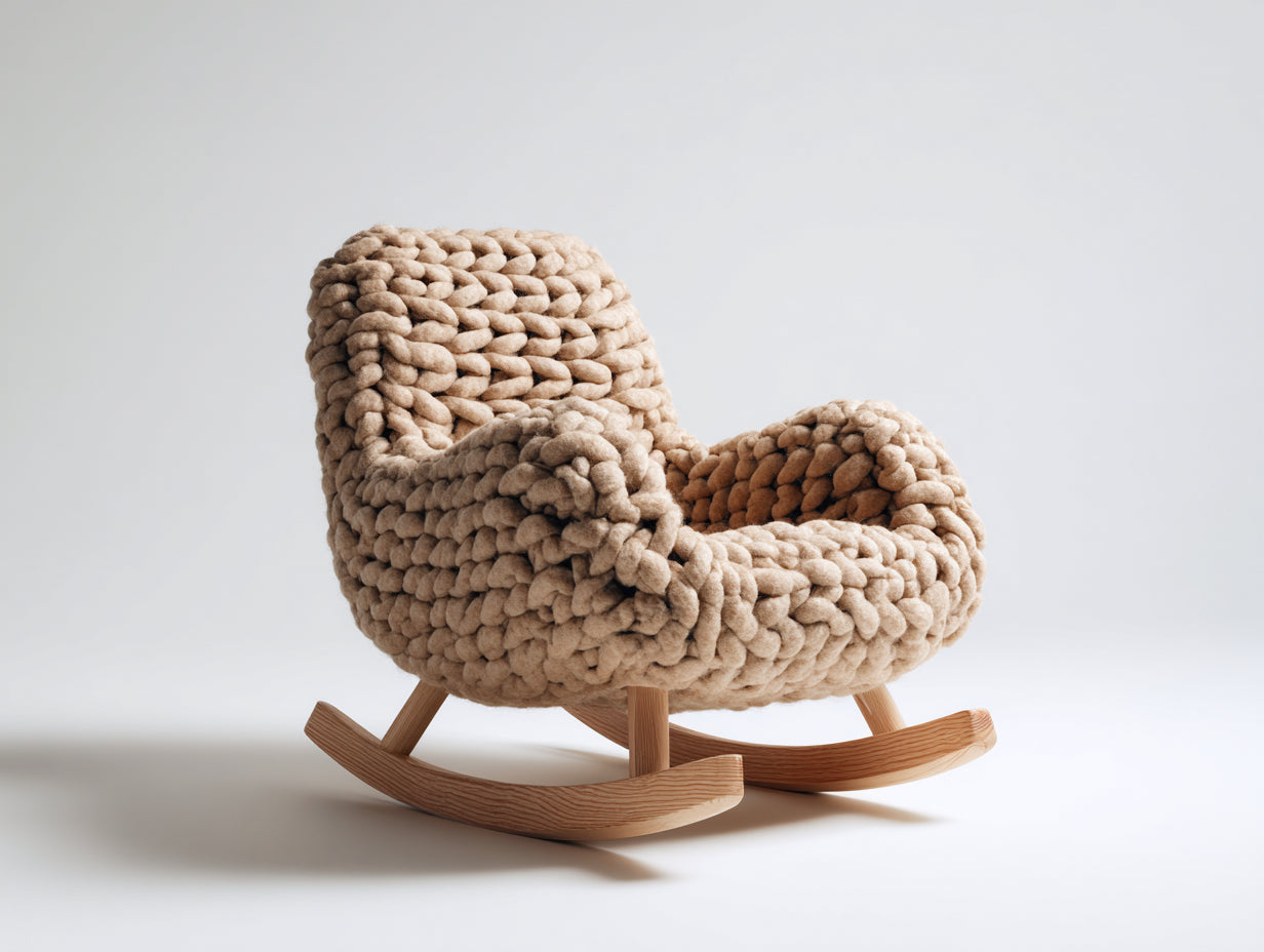 Fauteuil à bascule - Laine-Bois - 78x90x88 cm - Beige - Artisanal