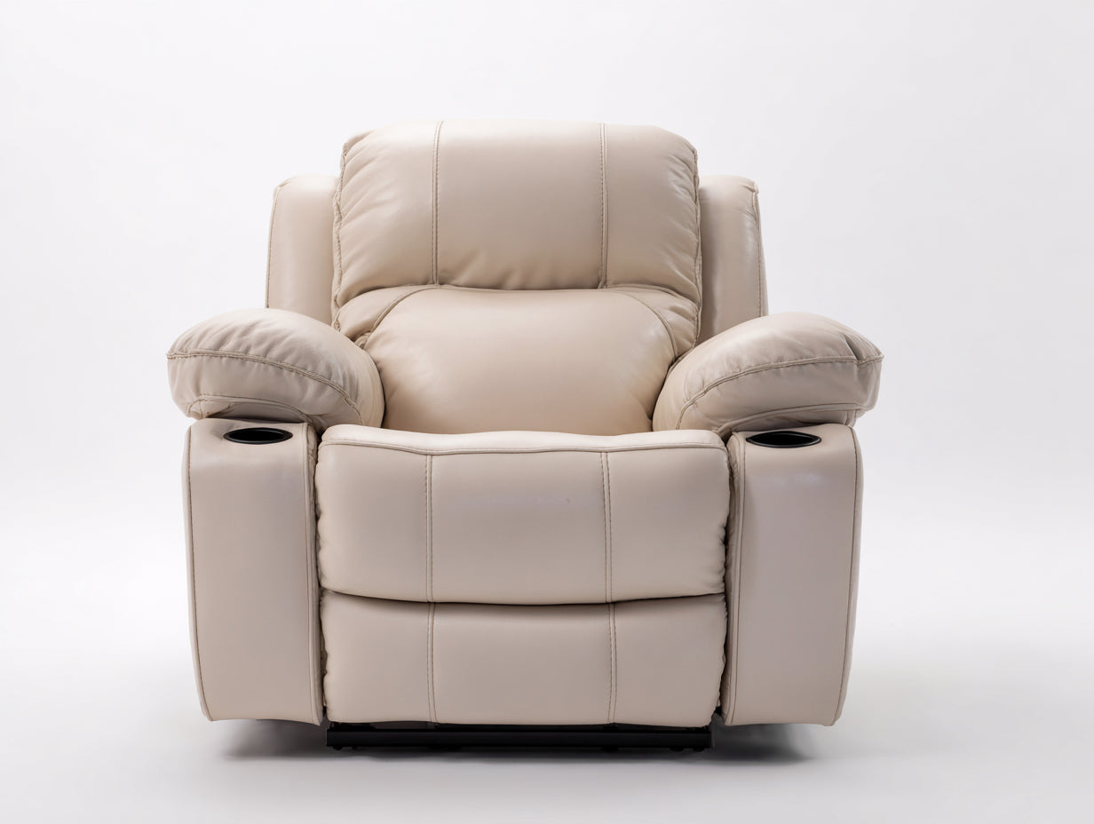 Fauteuil relax en similicuir 99x94x105 cm - beige - style moderne pour salon avec porte-gobelets