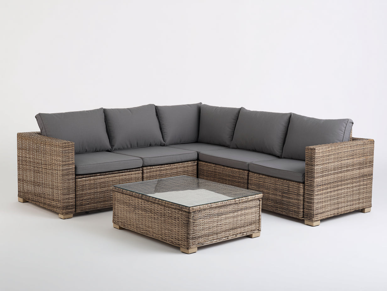 Canapé de jardin - Résine tressée - Tissu - Verre - 236x236x75 cm - Naturel-Gris-Transparent - Moderne extérieur
