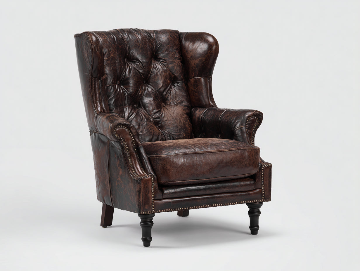 Fauteuil-Cuir-Bois-88x92x113 cm-Marron foncé-Chesterfield