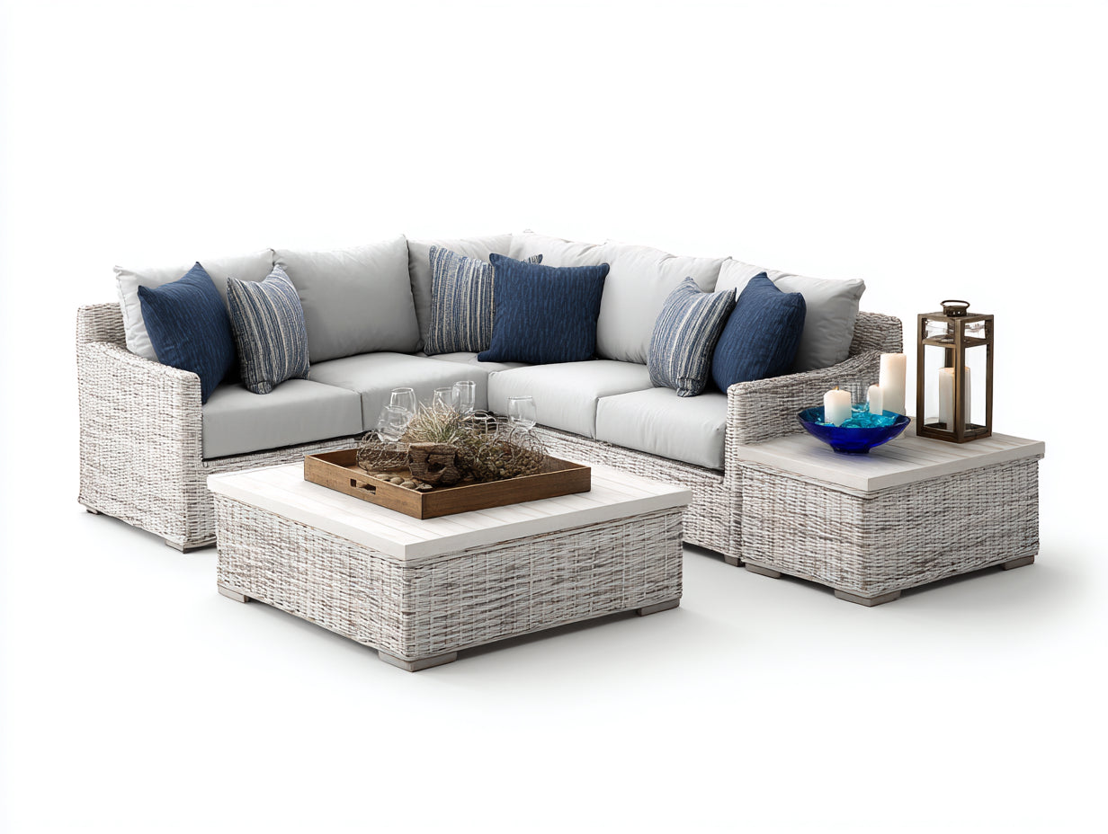 Canapé de jardin - Résine tressée - Tissu - Bois - 245x245x76 cm - Blanc-Blanc cassé-Bois naturel - Bord de mer contemporain