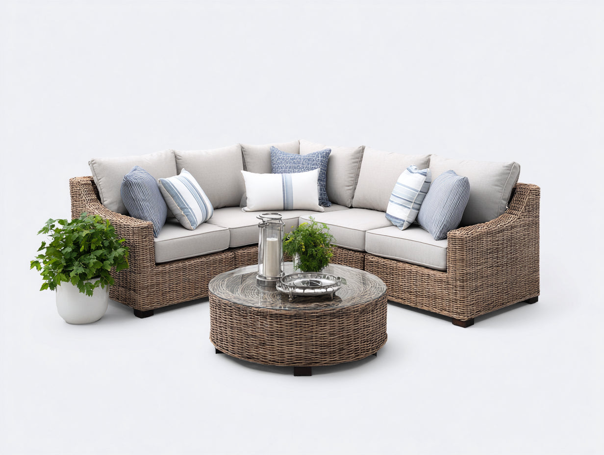 Canapé de jardin - Résine tressée - Tissu - Verre - 246x246x77 cm - Naturel-Beige-Transparent - Naturel contemporain