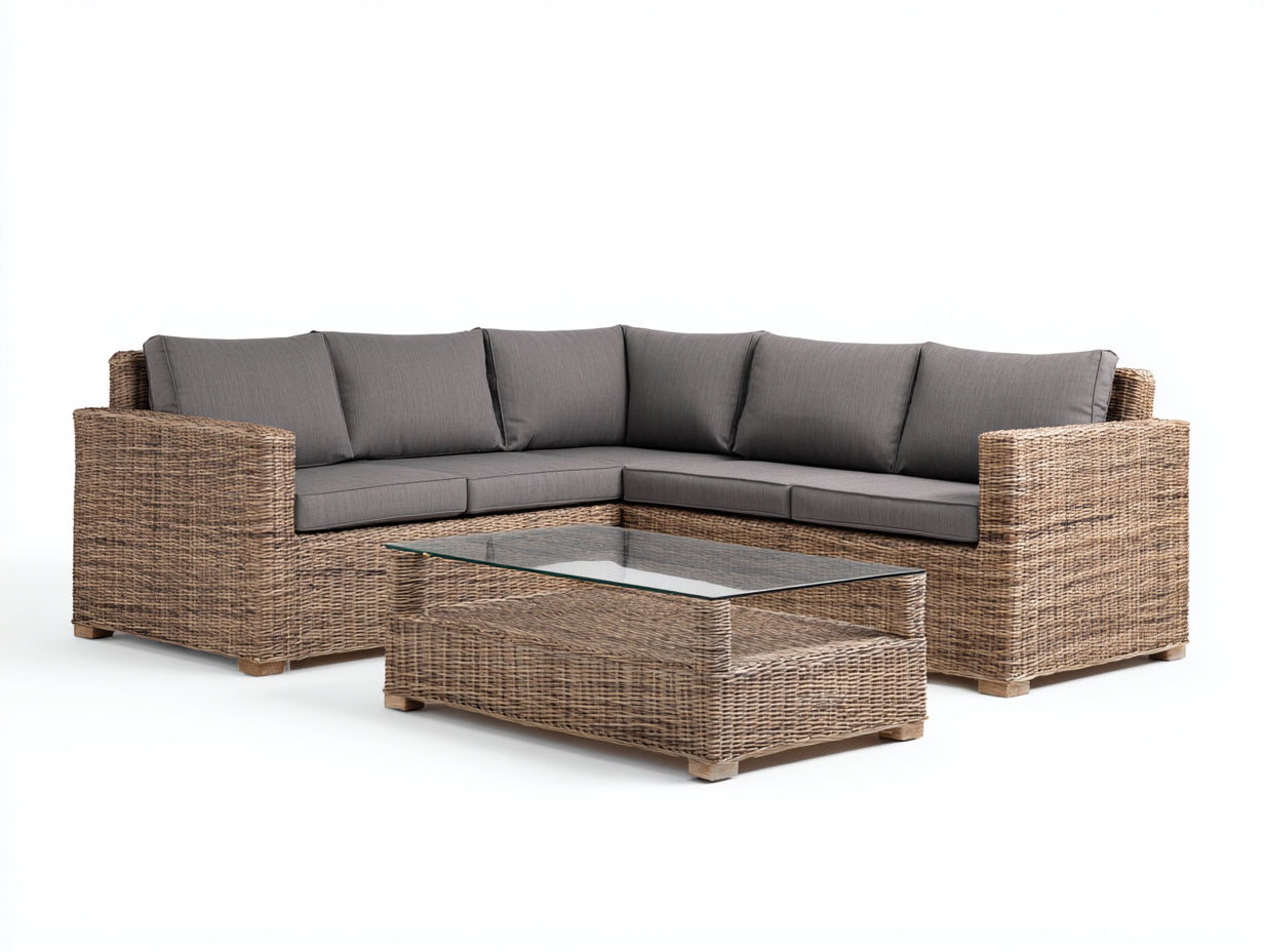 Canapé de jardin - Résine tressée - Tissu - Verre - 238x238x74 cm - Naturel-Gris-Transparent - Moderne extérieur
