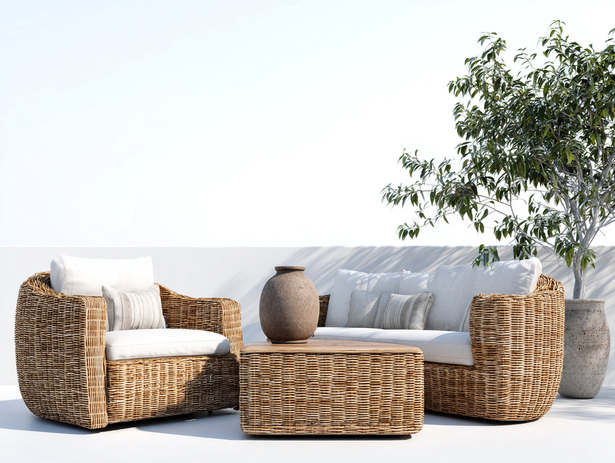 Canapé de jardin-rotin-tissu-bois-170x88x76 cm-naturel-blanc cassé-style bohème moderne